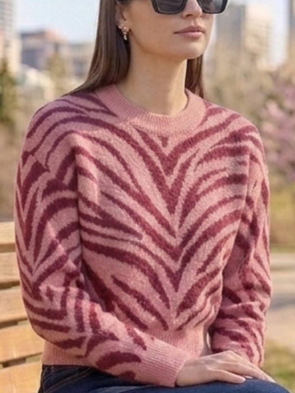 Primark Pink Zebra Animal Print crew neck long sleeve Knit Sweater, Small